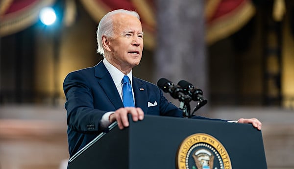 Joe Biden delivers remarks in National Statuary Hall on the one-year anniversary of the Jan. 6 violence at the U.S. Capitol, Thursday, Jan. 6, 2022, in Washington, D.C. (Official White House photo by Cameron Smith)