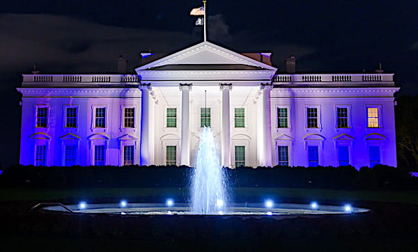 White House illuminated in the blue and white colors of the Israeli flag on Oct. 9, 2023, as a symbol of the ironclad support and solidarity of the American people with the people of Israel in the wake of the terrorist attacks committed by Hamas. (Official White House photo by Adam Schultz)