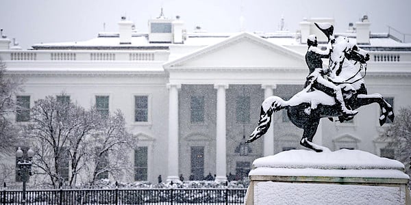 The White House North grounds is seen during a snowfall, Friday, Jan. 19, 2024. (Official White House photo by Carlos Fyfe)